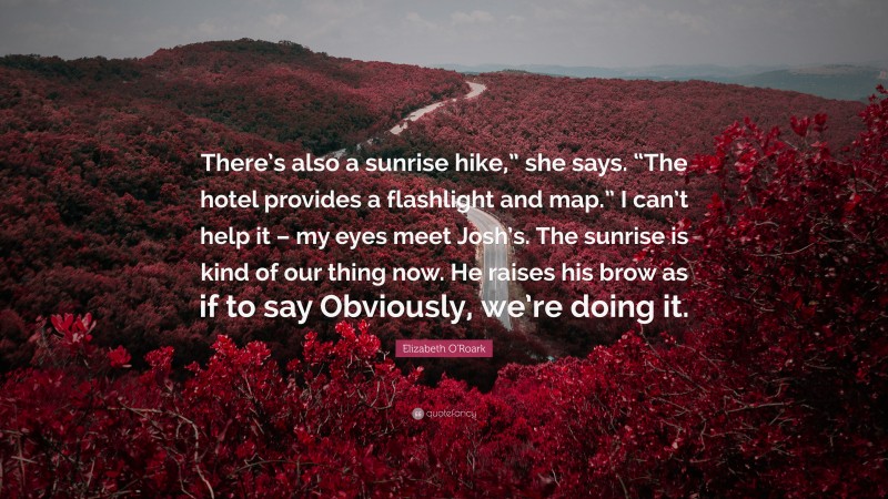Elizabeth O'Roark Quote: “There’s also a sunrise hike,” she says. “The hotel provides a flashlight and map.” I can’t help it – my eyes meet Josh’s. The sunrise is kind of our thing now. He raises his brow as if to say Obviously, we’re doing it.”
