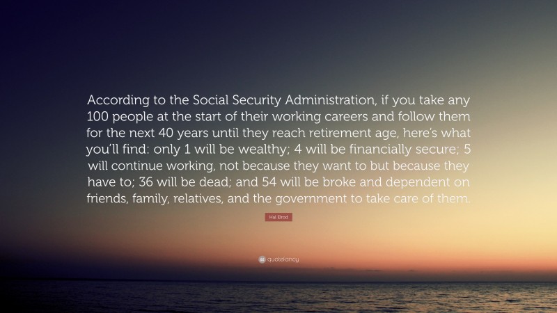 Hal Elrod Quote: “According to the Social Security Administration, if you take any 100 people at the start of their working careers and follow them for the next 40 years until they reach retirement age, here’s what you’ll find: only 1 will be wealthy; 4 will be financially secure; 5 will continue working, not because they want to but because they have to; 36 will be dead; and 54 will be broke and dependent on friends, family, relatives, and the government to take care of them.”