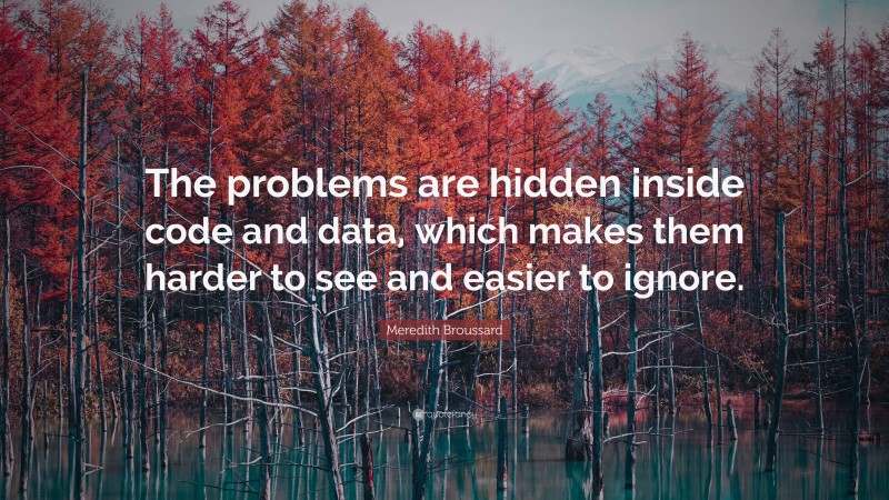 Meredith Broussard Quote: “The problems are hidden inside code and data, which makes them harder to see and easier to ignore.”