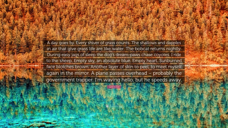 Gretel Ehrlich Quote: “A day goes by. Every shiver of grass counts. The shallows and dapples in air that give grass life are like water. The bobcat returns nightly. During easy jags of sleep the dog’s dream-paws chase coyotes. I ride to the sheep. Empty sky, an absolute blue. Empty heart. Sunburned face blotches brown. Another layer of skin to peel, to meet myself again in the mirror. A plane passes overhead – probably the government trapper. I’m waving hello, but he speeds away.”