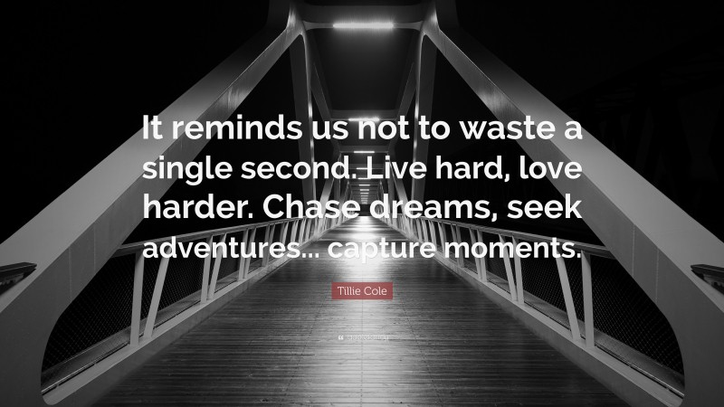 Tillie Cole Quote: “It reminds us not to waste a single second. Live hard, love harder. Chase dreams, seek adventures... capture moments.”