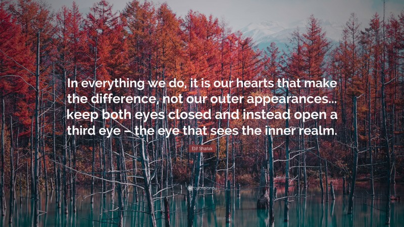 Elif Shafak Quote: “In everything we do, it is our hearts that make the difference, not our outer appearances... keep both eyes closed and instead open a third eye – the eye that sees the inner realm.”