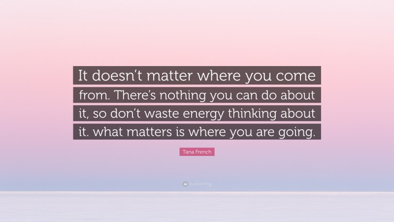 Tana French Quote: “It doesn’t matter where you come from. There’s nothing you can do about it, so don’t waste energy thinking about it. what matters is where you are going.”