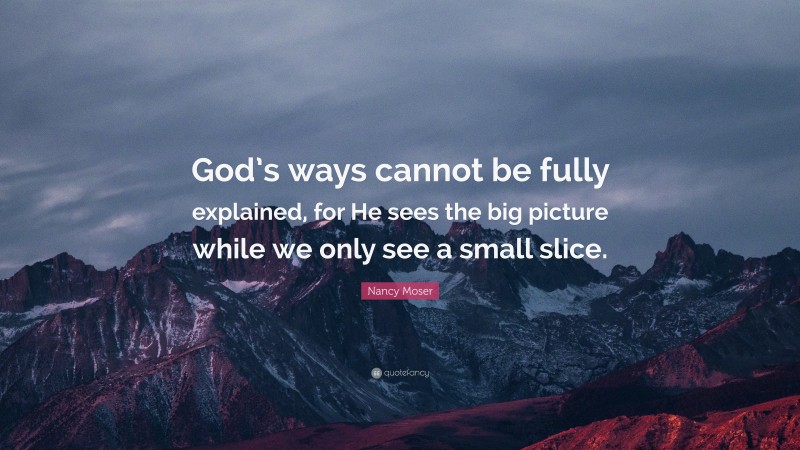 Nancy Moser Quote: “God’s ways cannot be fully explained, for He sees the big picture while we only see a small slice.”