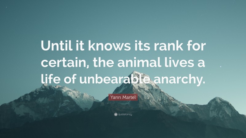 Yann Martel Quote: “Until it knows its rank for certain, the animal lives a life of unbearable anarchy.”