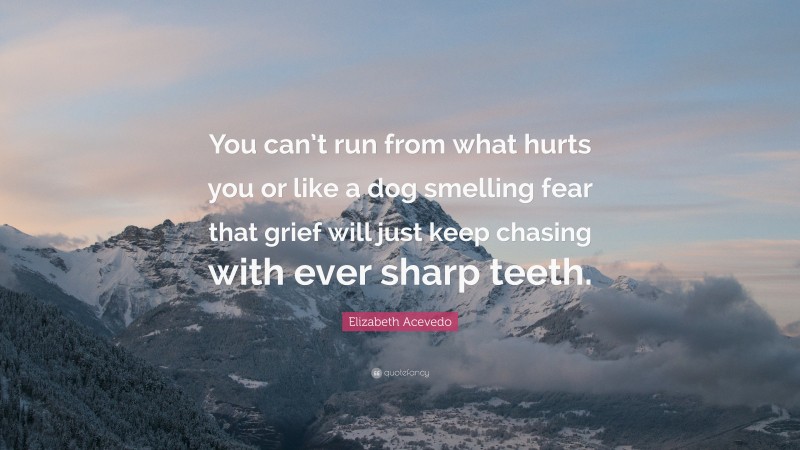 Elizabeth Acevedo Quote: “You can’t run from what hurts you or like a dog smelling fear that grief will just keep chasing with ever sharp teeth.”