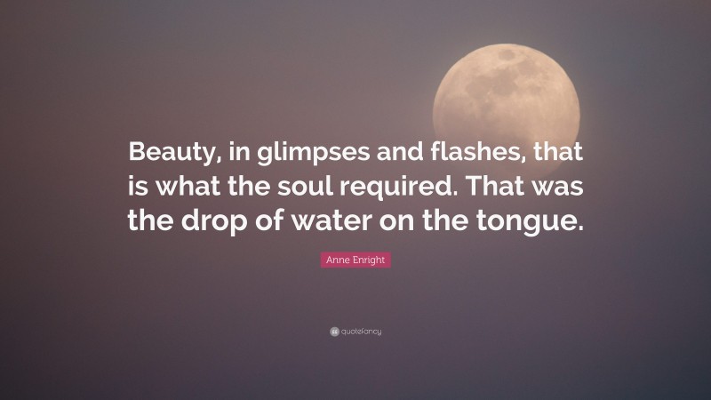 Anne Enright Quote: “Beauty, in glimpses and flashes, that is what the soul required. That was the drop of water on the tongue.”