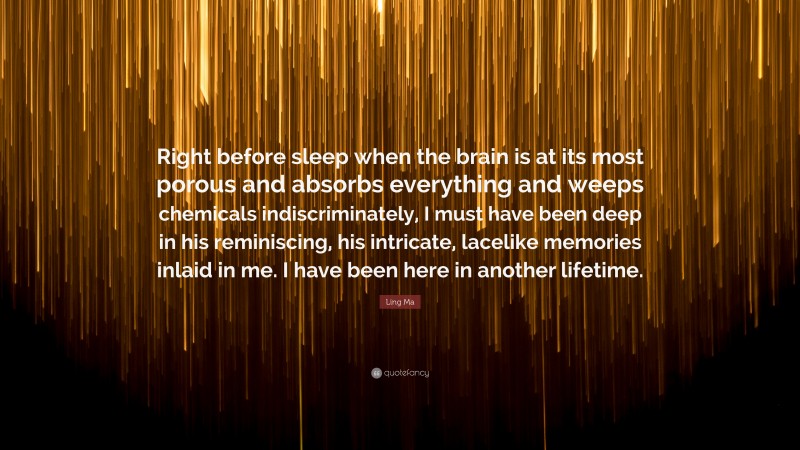 Ling Ma Quote: “Right before sleep when the brain is at its most porous and absorbs everything and weeps chemicals indiscriminately, I must have been deep in his reminiscing, his intricate, lacelike memories inlaid in me. I have been here in another lifetime.”