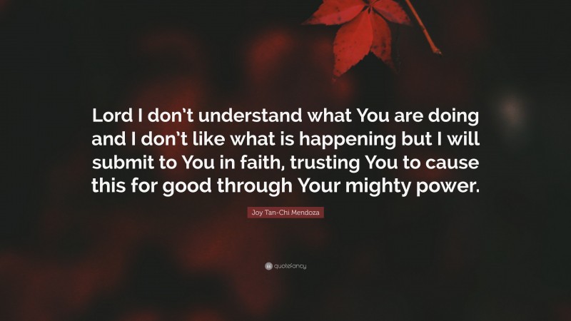 Joy Tan-Chi Mendoza Quote: “Lord I don’t understand what You are doing and I don’t like what is happening but I will submit to You in faith, trusting You to cause this for good through Your mighty power.”