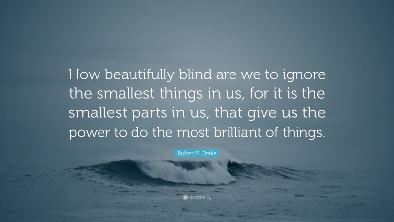 Robert M. Drake Quote: “How beautifully blind are we to ignore the smallest things in us, for it is the smallest parts in us, that give us the power to do the most brilliant of things.”