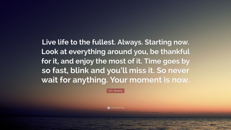 N.S. Perkins Quote: “Live life to the fullest. Always. Starting now. Look at everything around you, be thankful for it, and enjoy the most of it. Time goes by so fast, blink and you’ll miss it. So never wait for anything. Your moment is now.”