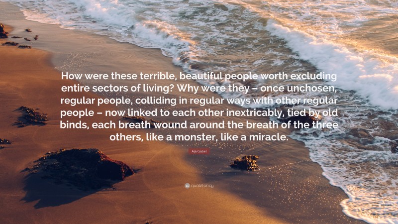 Aja Gabel Quote: “How were these terrible, beautiful people worth excluding entire sectors of living? Why were they – once unchosen, regular people, colliding in regular ways with other regular people – now linked to each other inextricably, tied by old binds, each breath wound around the breath of the three others, like a monster, like a miracle.”