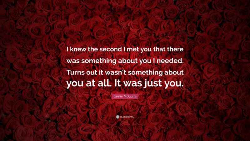 Jamie McGuire Quote: “I knew the second I met you that there was something about you I needed. Turns out it wasn’t something about you at all. It was just you.”