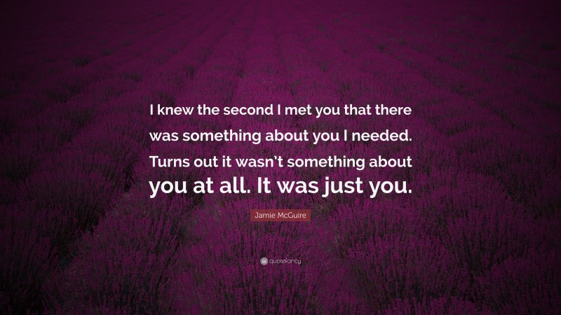 Jamie McGuire Quote: “I knew the second I met you that there was something about you I needed. Turns out it wasn’t something about you at all. It was just you.”