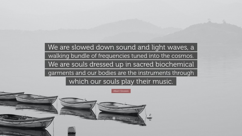 Albert Einstein Quote: “We are slowed down sound and light waves, a walking bundle of frequencies tuned into the cosmos. We are souls dressed up in sacred biochemical garments and our bodies are the instruments through which our souls play their music.”