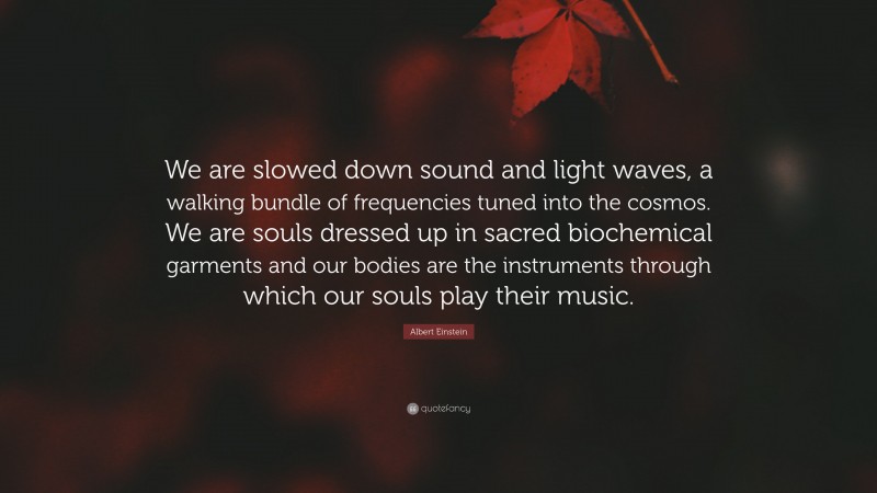 Albert Einstein Quote: “We are slowed down sound and light waves, a walking bundle of frequencies tuned into the cosmos. We are souls dressed up in sacred biochemical garments and our bodies are the instruments through which our souls play their music.”