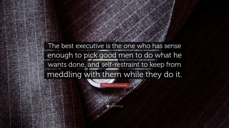Theodore Roosevelt Quote: “The best executive is the one who has sense enough to pick good men to do what he wants done, and self-restraint to keep from meddling with them while they do it.”