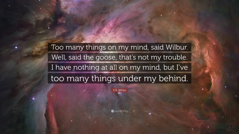 E.B. White Quote: “Too many things on my mind, said Wilbur. Well, said the goose, that’s not my trouble. I have nothing at all on my mind, but I’ve too many things under my behind.”