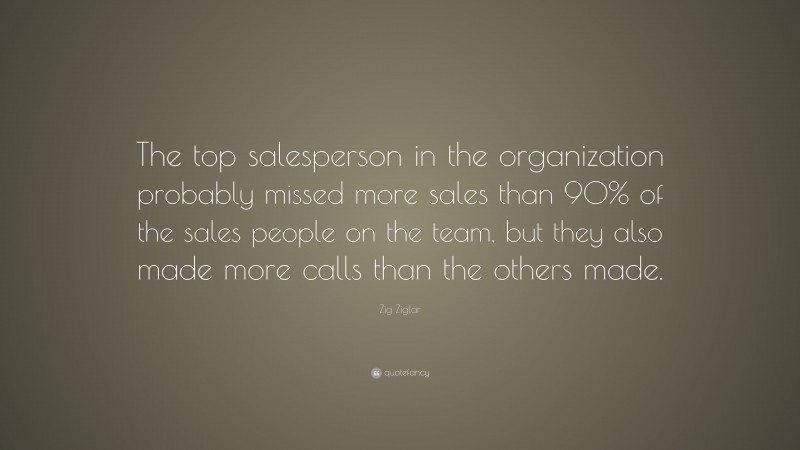 Zig Ziglar Quote: “The top salesperson in the organization probably missed more sales than 90% of the sales people on the team, but they also made more calls than the others made.”
