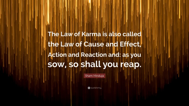 Sham Hinduja Quote: “The Law of Karma is also called the Law of Cause and Effect, Action and Reaction and: as you sow, so shall you reap.”