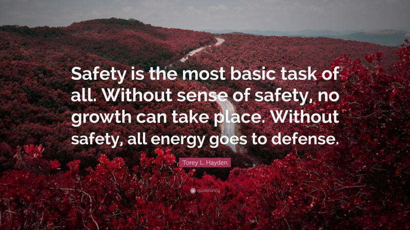 Torey L. Hayden Quote: “Safety is the most basic task of all. Without sense of safety, no growth can take place. Without safety, all energy goes to defense.”