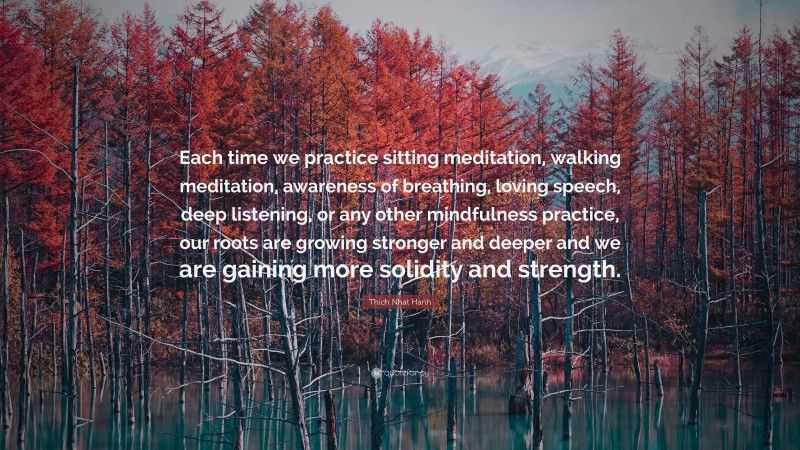 Thich Nhat Hanh Quote: “Each time we practice sitting meditation, walking meditation, awareness of breathing, loving speech, deep listening, or any other mindfulness practice, our roots are growing stronger and deeper and we are gaining more solidity and strength.”