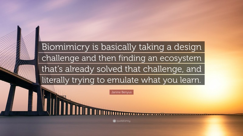 Janine Benyus Quote: “Biomimicry is basically taking a design challenge and then finding an ecosystem that’s already solved that challenge, and literally trying to emulate what you learn.”