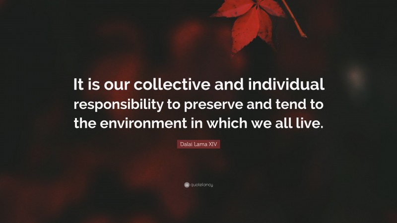 Dalai Lama XIV Quote: “It is our collective and individual responsibility to preserve and tend to the environment in which we all live.”