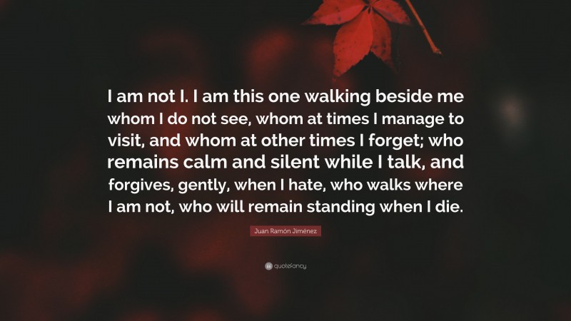 Juan Ramón Jiménez Quote: “I am not I. I am this one walking beside me whom I do not see, whom at times I manage to visit, and whom at other times I forget; who remains calm and silent while I talk, and forgives, gently, when I hate, who walks where I am not, who will remain standing when I die.”