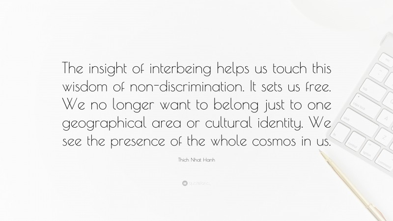 Thich Nhat Hanh Quote: “The insight of interbeing helps us touch this wisdom of non-discrimination. It sets us free. We no longer want to belong just to one geographical area or cultural identity. We see the presence of the whole cosmos in us.”