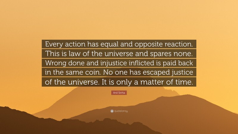 Anil Sinha Quote: “Every action has equal and opposite reaction. This is law of the universe and spares none. Wrong done and injustice inflicted is paid back in the same coin. No one has escaped justice of the universe. It is only a matter of time.”