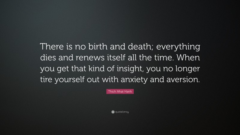 Thich Nhat Hanh Quote: “There is no birth and death; everything dies and renews itself all the time. When you get that kind of insight, you no longer tire yourself out with anxiety and aversion.”
