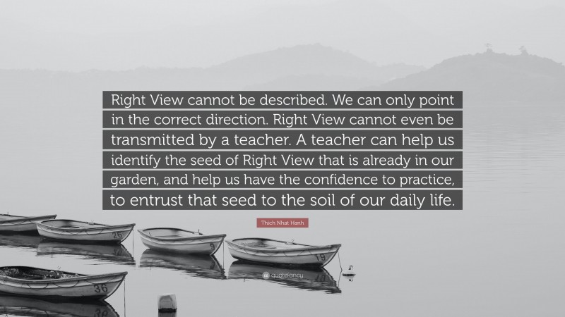 Thich Nhat Hanh Quote: “Right View cannot be described. We can only point in the correct direction. Right View cannot even be transmitted by a teacher. A teacher can help us identify the seed of Right View that is already in our garden, and help us have the confidence to practice, to entrust that seed to the soil of our daily life.”