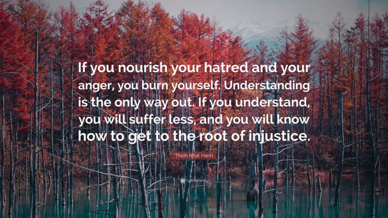 Thich Nhat Hanh Quote: “If you nourish your hatred and your anger, you burn yourself. Understanding is the only way out. If you understand, you will suffer less, and you will know how to get to the root of injustice.”