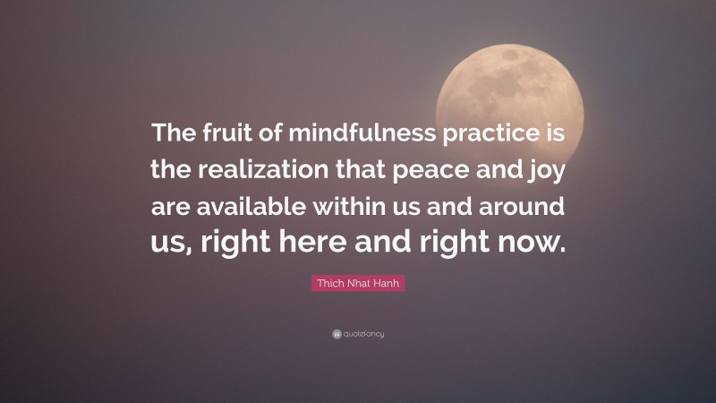 Thich Nhat Hanh Quote: “The fruit of mindfulness practice is the realization that peace and joy are available within us and around us, right here and right now.”