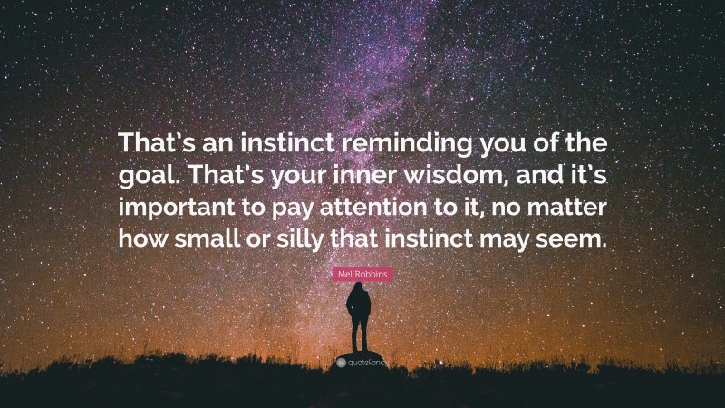 Mel Robbins Quote: “That’s an instinct reminding you of the goal. That’s your inner wisdom, and it’s important to pay attention to it, no matter how small or silly that instinct may seem.”