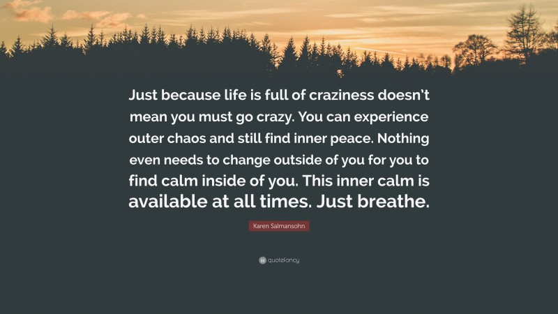 Karen Salmansohn Quote: “Just because life is full of craziness doesn’t mean you must go crazy. You can experience outer chaos and still find inner peace. Nothing even needs to change outside of you for you to find calm inside of you. This inner calm is available at all times. Just breathe.”