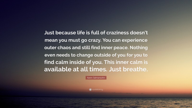 Karen Salmansohn Quote: “Just because life is full of craziness doesn’t mean you must go crazy. You can experience outer chaos and still find inner peace. Nothing even needs to change outside of you for you to find calm inside of you. This inner calm is available at all times. Just breathe.”
