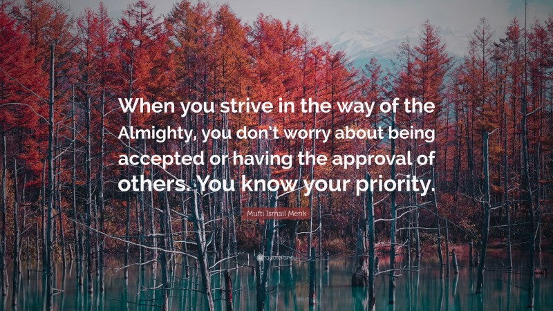 Mufti Ismail Menk Quote: “When you strive in the way of the Almighty, you don’t worry about being accepted or having the approval of others. You know your priority.”