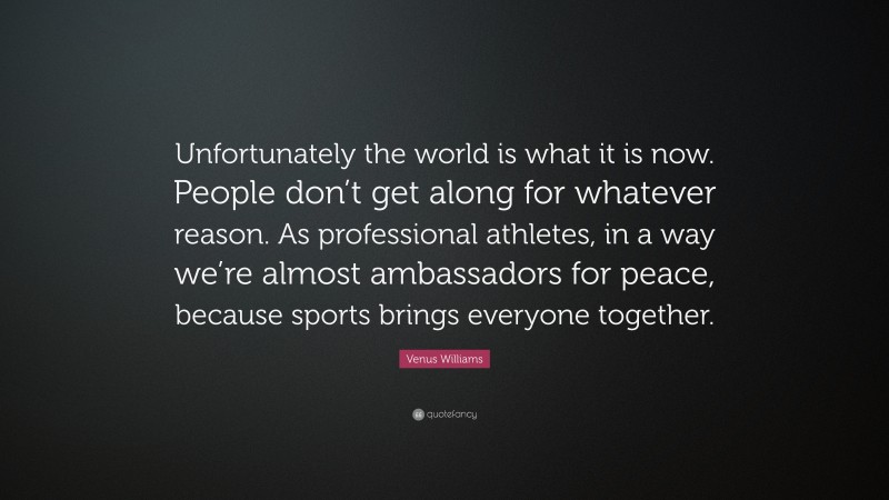 Venus Williams Quote: “Unfortunately the world is what it is now. People don’t get along for whatever reason. As professional athletes, in a way we’re almost ambassadors for peace, because sports brings everyone together.”