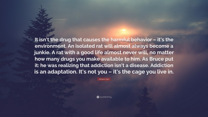 Johann Hari Quote: “It isn’t the drug that causes the harmful behavior – it’s the environment. An isolated rat will almost always become a junkie. A rat with a good life almost never will, no matter how many drugs you make available to him. As Bruce put it: he was realizing that addiction isn’t a disease. Addiction is an adaptation. It’s not you – it’s the cage you live in.”