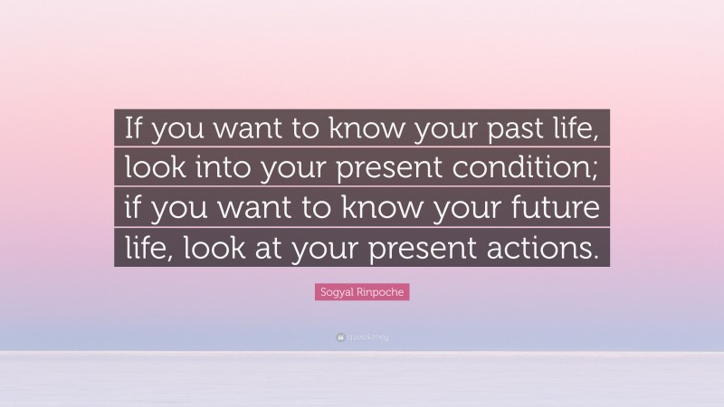 Sogyal Rinpoche Quote: “If you want to know your past life, look into your present condition; if you want to know your future life, look at your present actions.”