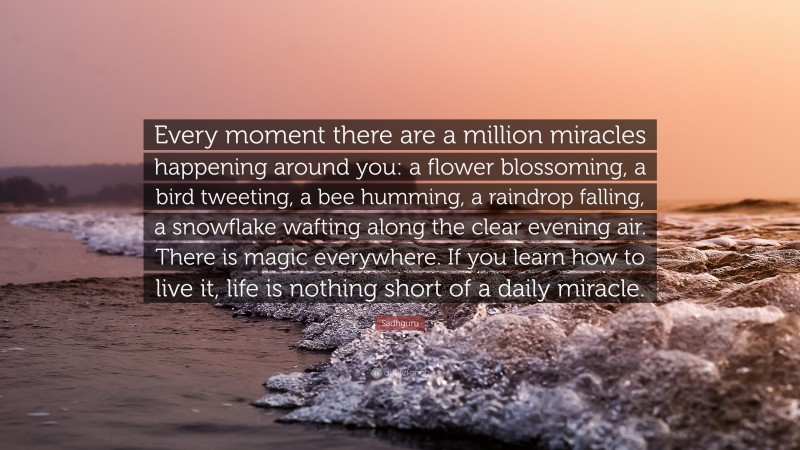 Sadhguru Quote: “Every moment there are a million miracles happening around you: a flower blossoming, a bird tweeting, a bee humming, a raindrop falling, a snowflake wafting along the clear evening air. There is magic everywhere. If you learn how to live it, life is nothing short of a daily miracle.”
