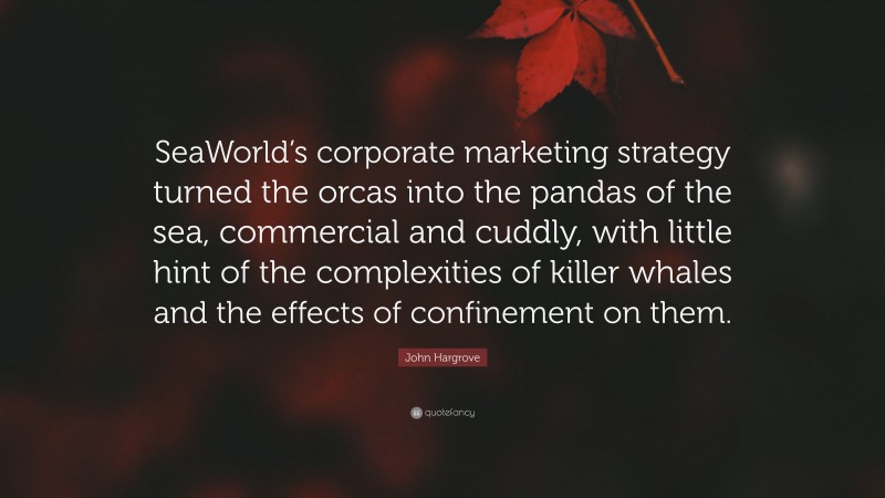 John Hargrove Quote: “SeaWorld’s corporate marketing strategy turned the orcas into the pandas of the sea, commercial and cuddly, with little hint of the complexities of killer whales and the effects of confinement on them.”