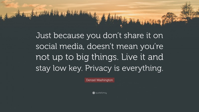 Denzel Washington Quote: “Just because you don’t share it on social media, doesn’t mean you’re not up to big things. Live it and stay low key. Privacy is everything.”