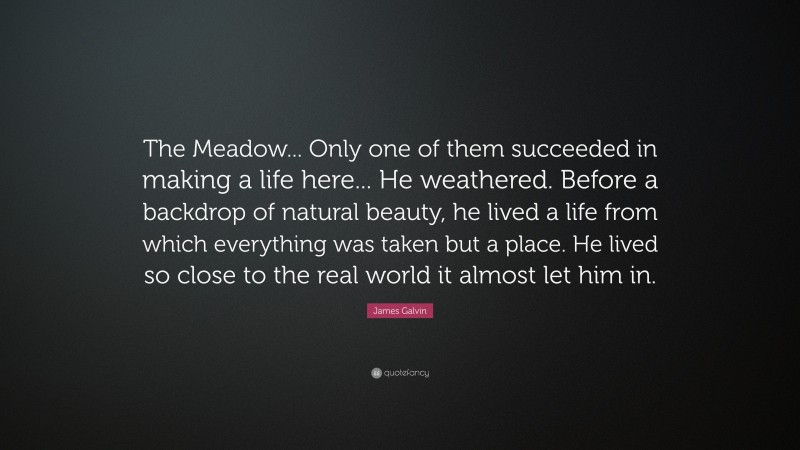 James Galvin Quote: “The Meadow... Only one of them succeeded in making a life here... He weathered. Before a backdrop of natural beauty, he lived a life from which everything was taken but a place. He lived so close to the real world it almost let him in.”