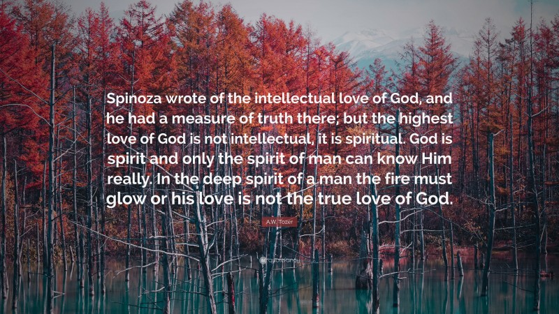 A.W. Tozer Quote: “Spinoza wrote of the intellectual love of God, and he had a measure of truth there; but the highest love of God is not intellectual, it is spiritual. God is spirit and only the spirit of man can know Him really. In the deep spirit of a man the fire must glow or his love is not the true love of God.”