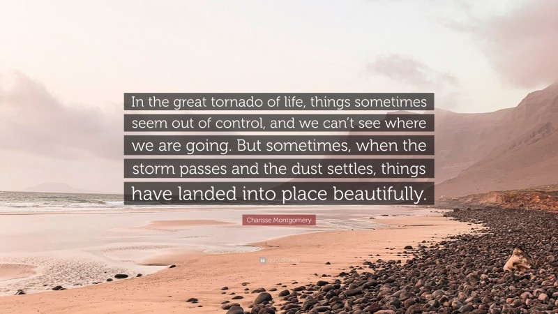 Charisse Montgomery Quote: “In the great tornado of life, things sometimes seem out of control, and we can’t see where we are going. But sometimes, when the storm passes and the dust settles, things have landed into place beautifully.”