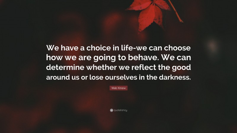 Wab Kinew Quote: “We have a choice in life-we can choose how we are going to behave. We can determine whether we reflect the good around us or lose ourselves in the darkness.”