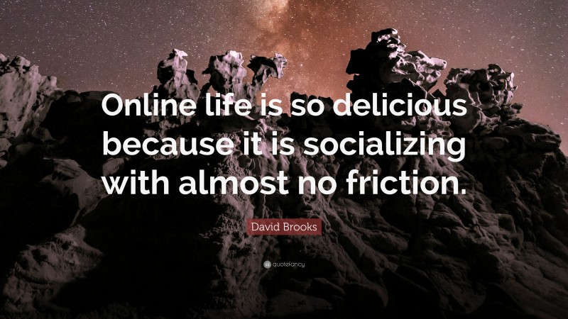 David Brooks Quote: “Online life is so delicious because it is socializing with almost no friction.”